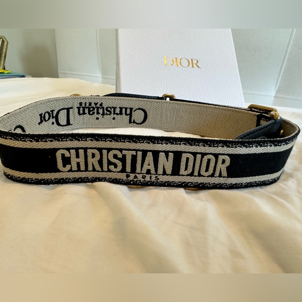 Christian Dior adjustable canvas bag strap, blue with gold hardware